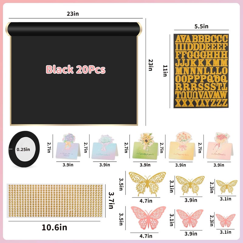 Besuper 52Pcs Flower Bouquet Wrapping Paper Kit, 20 Sheets Black Waterproof Floral Wrapping Paper, 1 Letter 1 Rhinestone Sticker, 12 Gold 12 Pink Butterflies, 5 Cards, 1 Black Ribbon (Gold Edge) - Image 2